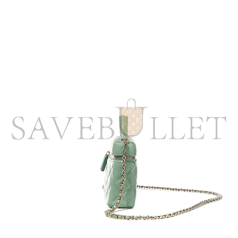 Ch**el MASTER GREEN QUILTED CAVIAR TOP HANDLE LONG VANITY WITH CHAIN PALE GOLD HARDWARE (19.5*17*5cm)